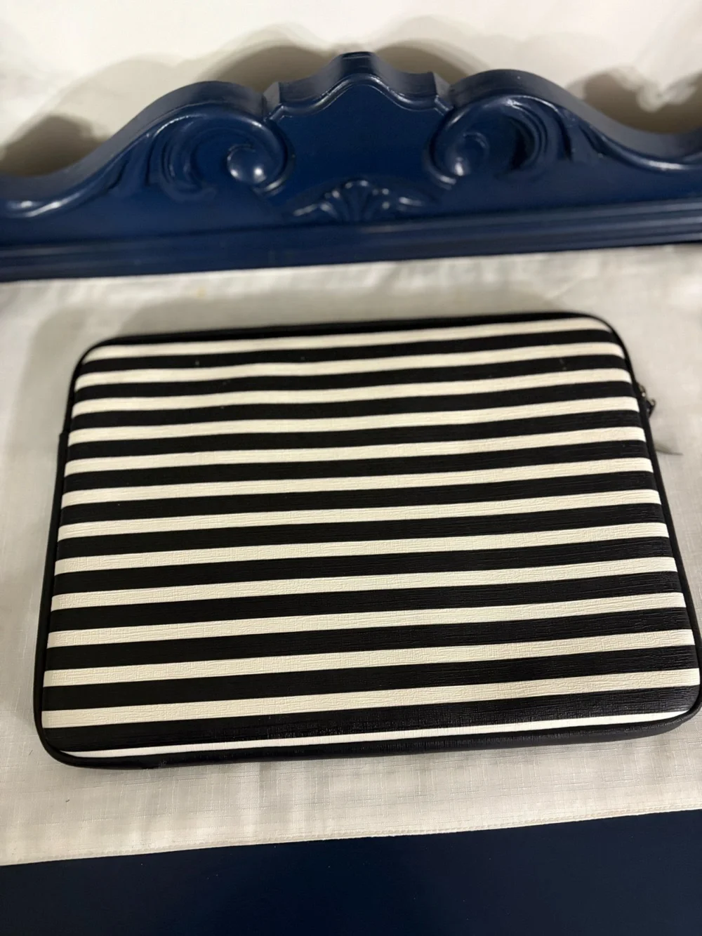 kate spade Black and White Striped laptop Pouch with Gold Plate